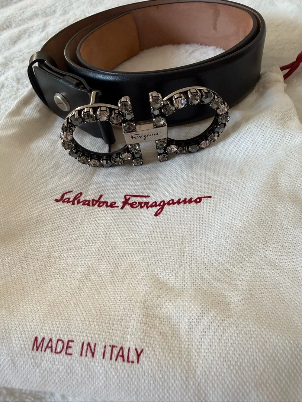 Salvatore Ferragamo Black Leather Belt with Crystal Double Gancini Buckle - Picture 3 of 7